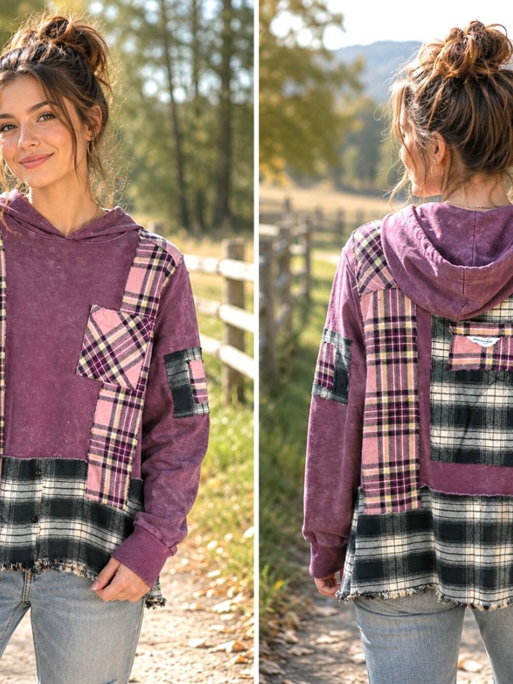 Upcycled Patchwork Hoodie Distressed Magenta Grunge Sweater Campus Style S - M